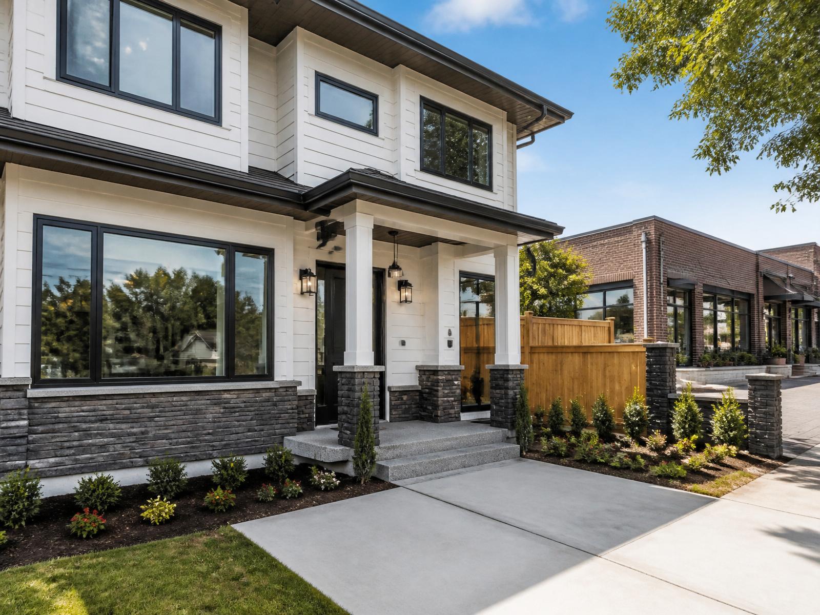 Freshly cleaned modern home and neighboring business with spotless windows